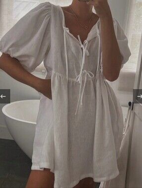 MARLOW and MAE Linen Markets Dress XL Babydoll Puff Sleeves White Pockets Mini